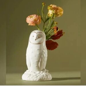 Anthropologie Owl Floral Bud Vase - Ivory & Gold Ceramic 6.5 Inches High NEW